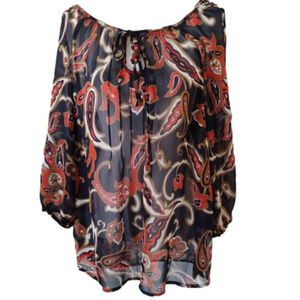 CHARTER Club peasant style womens blouse retro print‎ semi sheer Sz 1X